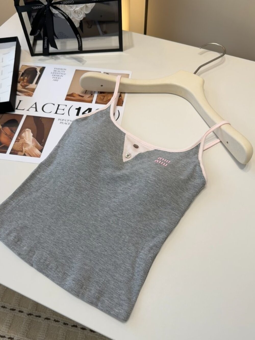 Miu Miu Grey Ribbed Logo Camisole
